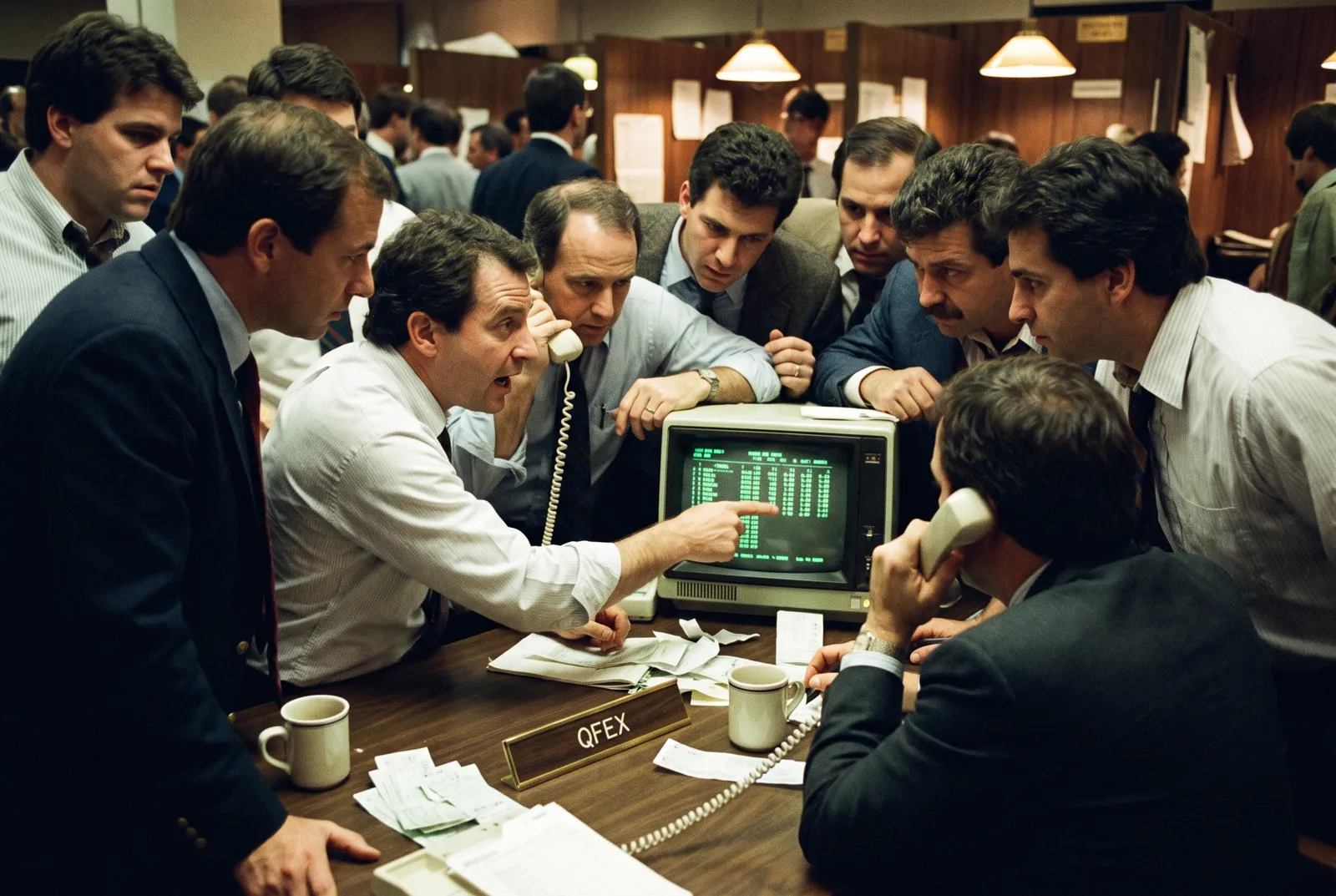 A group of traders huddled around one terminal watching a ranked table