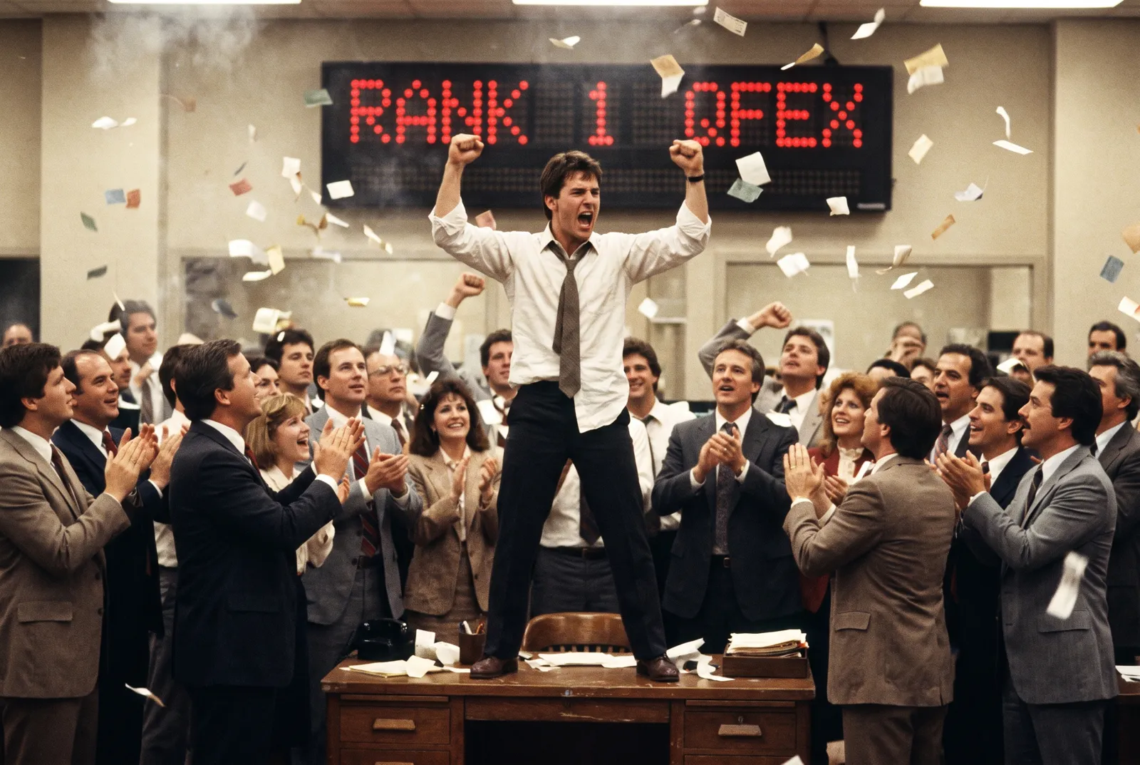 A trader standing on a desk with fists raised as colleagues cheer